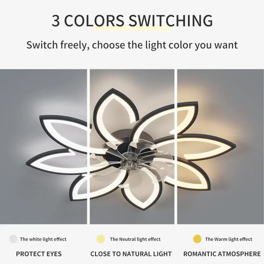 Modern Ceiling Light Fan Low Profile 6 Wind Speed 3 Color (90cm Black)