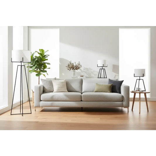 Modern Dimmable Floor Lamp + Table Desk W/ Linen Shade Scandi - Matte Black