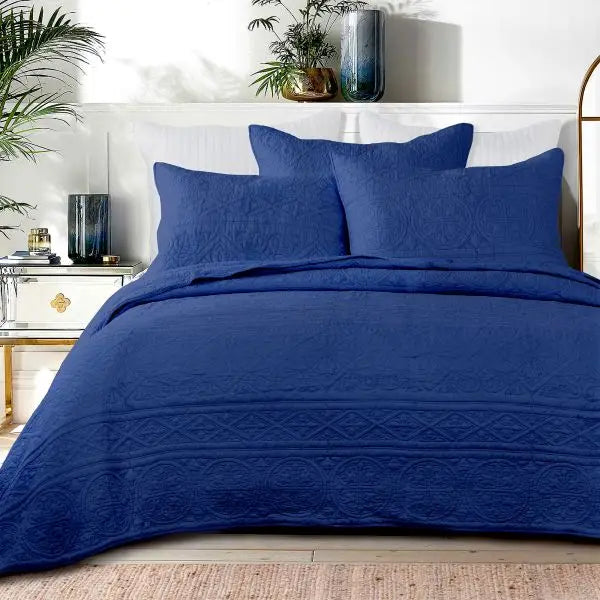Navy Classic Cotton 100% Quilted 3 Pcs Bedspread Coverlet Set King