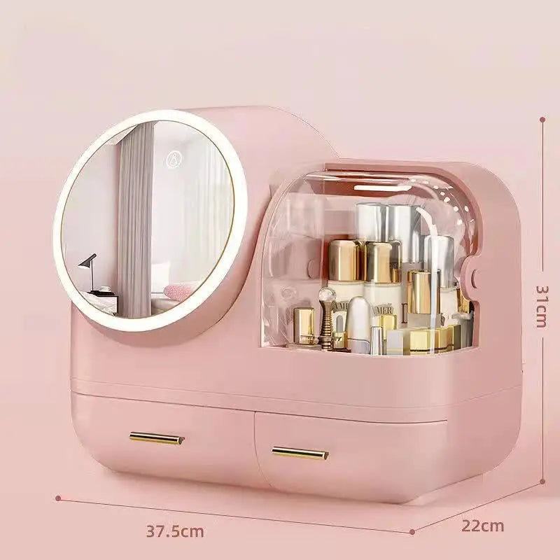 Pink Led Vanity Makeup Organizer with Partition Storage and Touch-control Mirror - Large Capacity Cosmetic Box