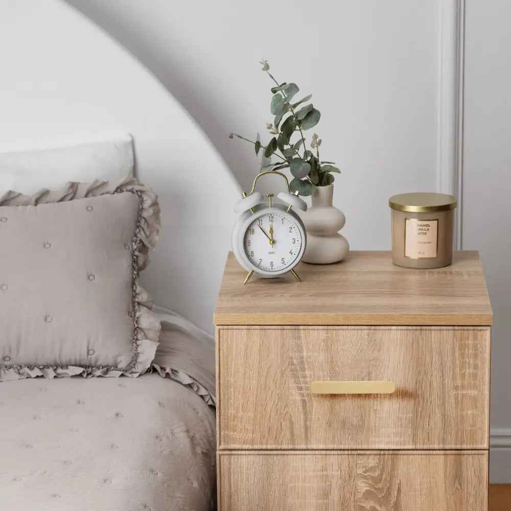 Porto Bedside Table - Natural Oak - Slim - Oval Brass