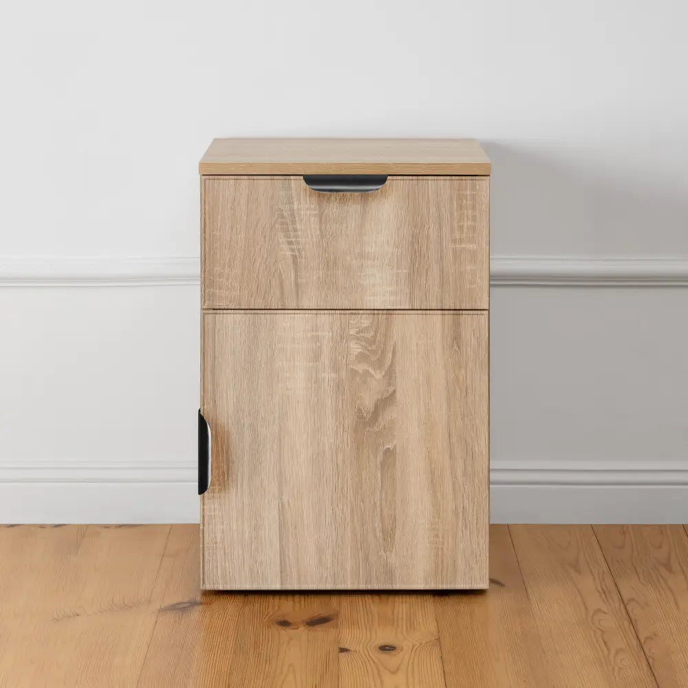 Porto Bedside Table - Natural Oak - Slim - Pull Black