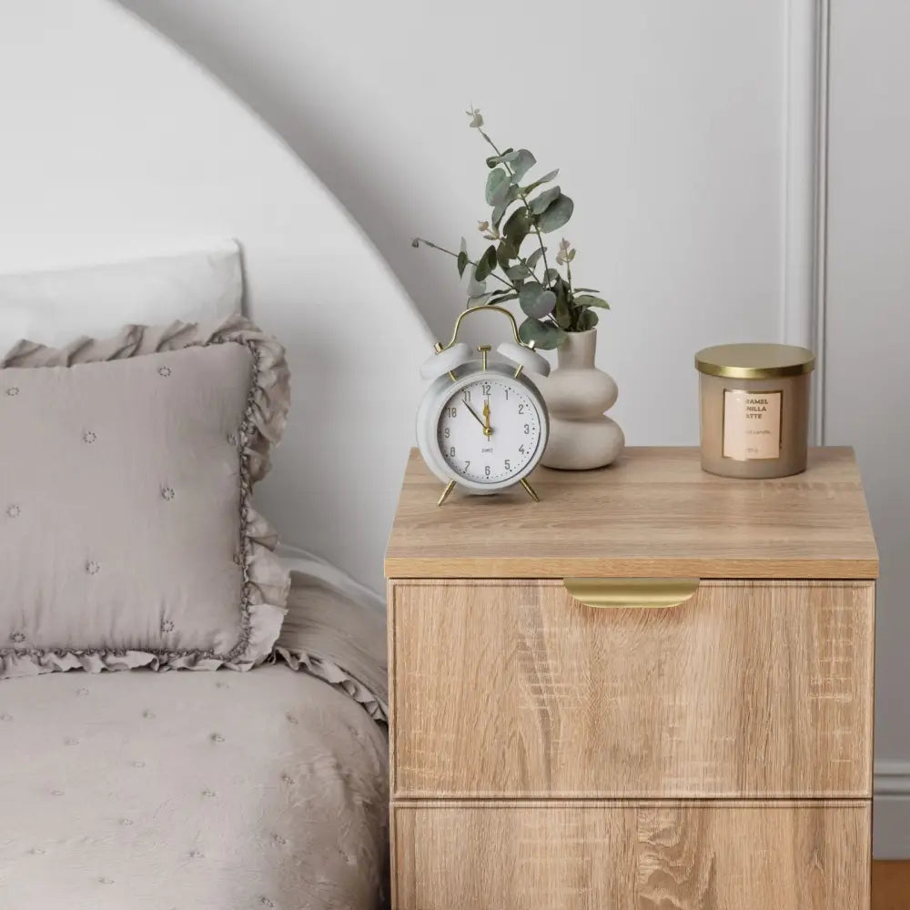 Porto Bedside Table - Natural Oak - Slim - Pull Brass