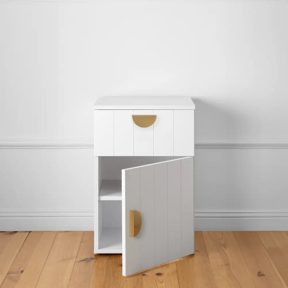 Porto Bedside Table - White - Vj Panel - Half Moon Brass