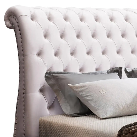 Queen Size Sleigh Bedframe Velvet Upholstery Beige Colour Tufted Headboard and Footboard Deep Quilting