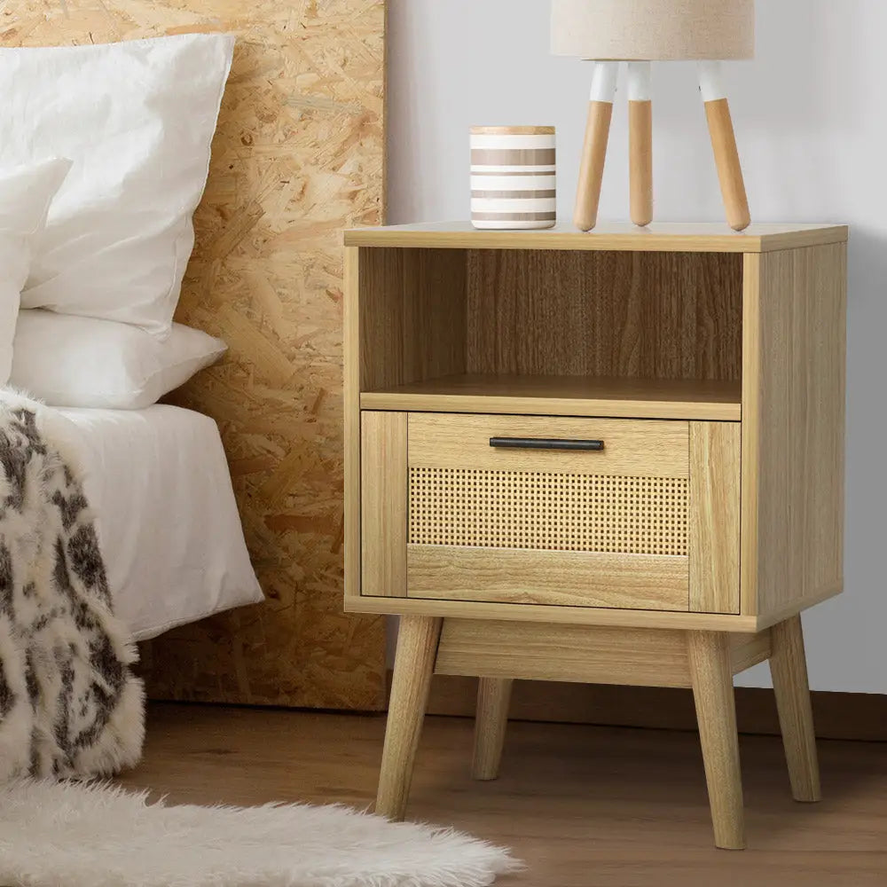 Rattan Bedside Table 1 Drawer with Shelf - Rei Oak