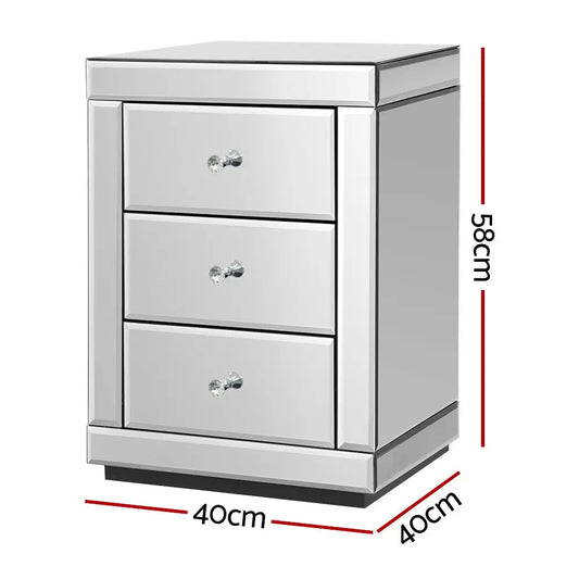 Set of 2 Bedside Table 3 Drawers Mirrored Glass - Presia Silver