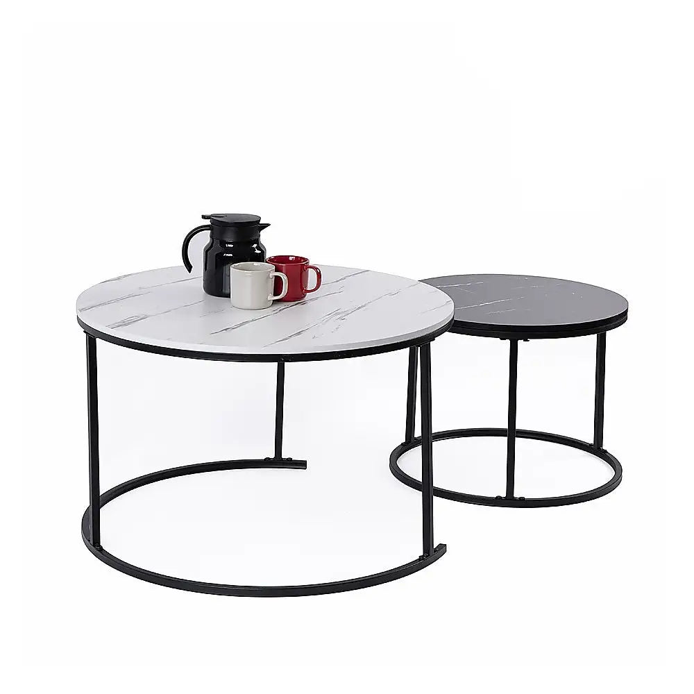 Set of 2 Coffee Table Round Marble Nesting Side End Furniture