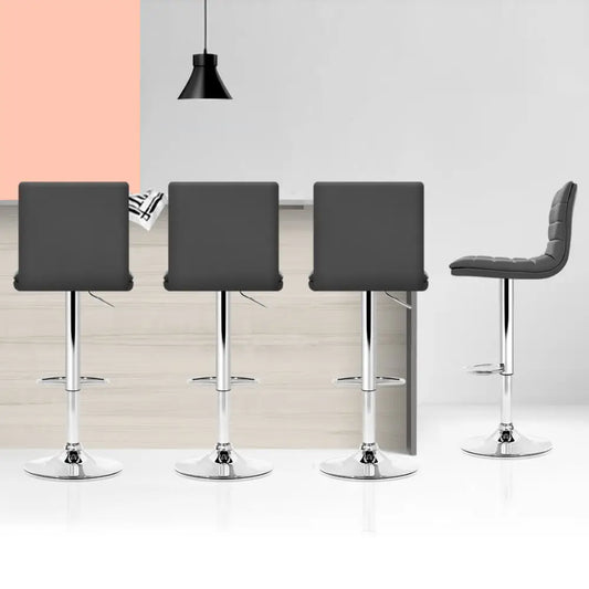 Set of 4 Pu Leather Lined Pattern Bar Stools- Grey and Chrome