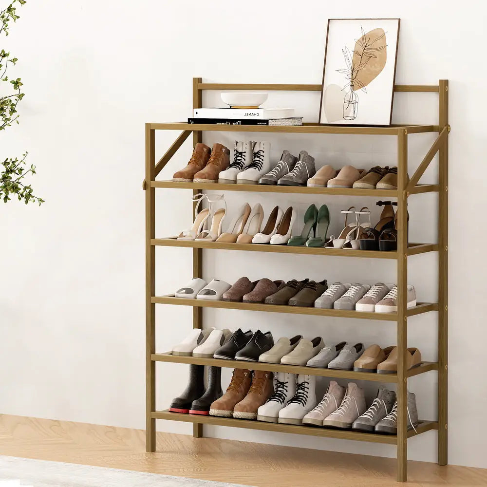 Shoe Rack 6-tier 18 Pairs Foldable | Gold-colored Metal Shoe Rack Five