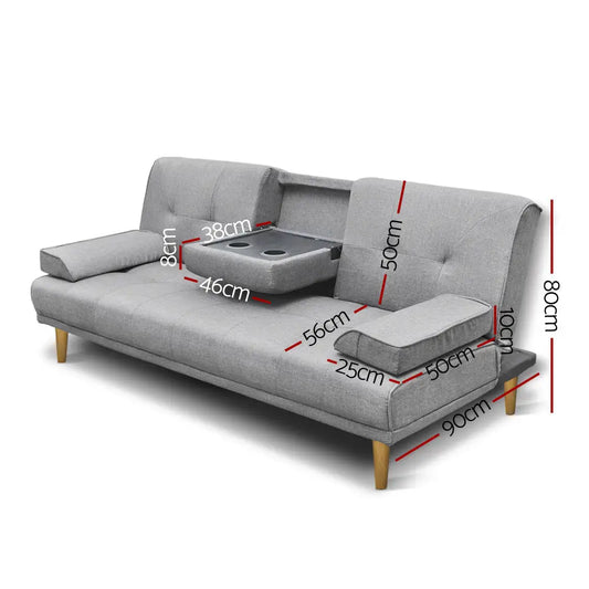 Sofa Bed 188cm Grey Faux Linen