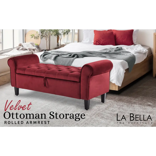 Storage Ottoman Stool Arm Bench Seat 132cm Velvet Red