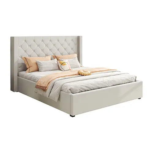Veronica Bed Frame King Size Winged Grey Linen Fabric Seam Grid Pattern with Gas Lift Plywood Metal Structure