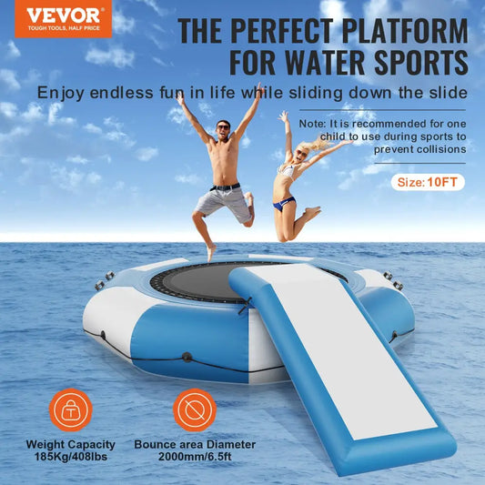 Vevor Inflatable Water Bouncer 10ft Recreational Trampoline Portable Bounce Swim Platform with Slide 3-step Ladder &