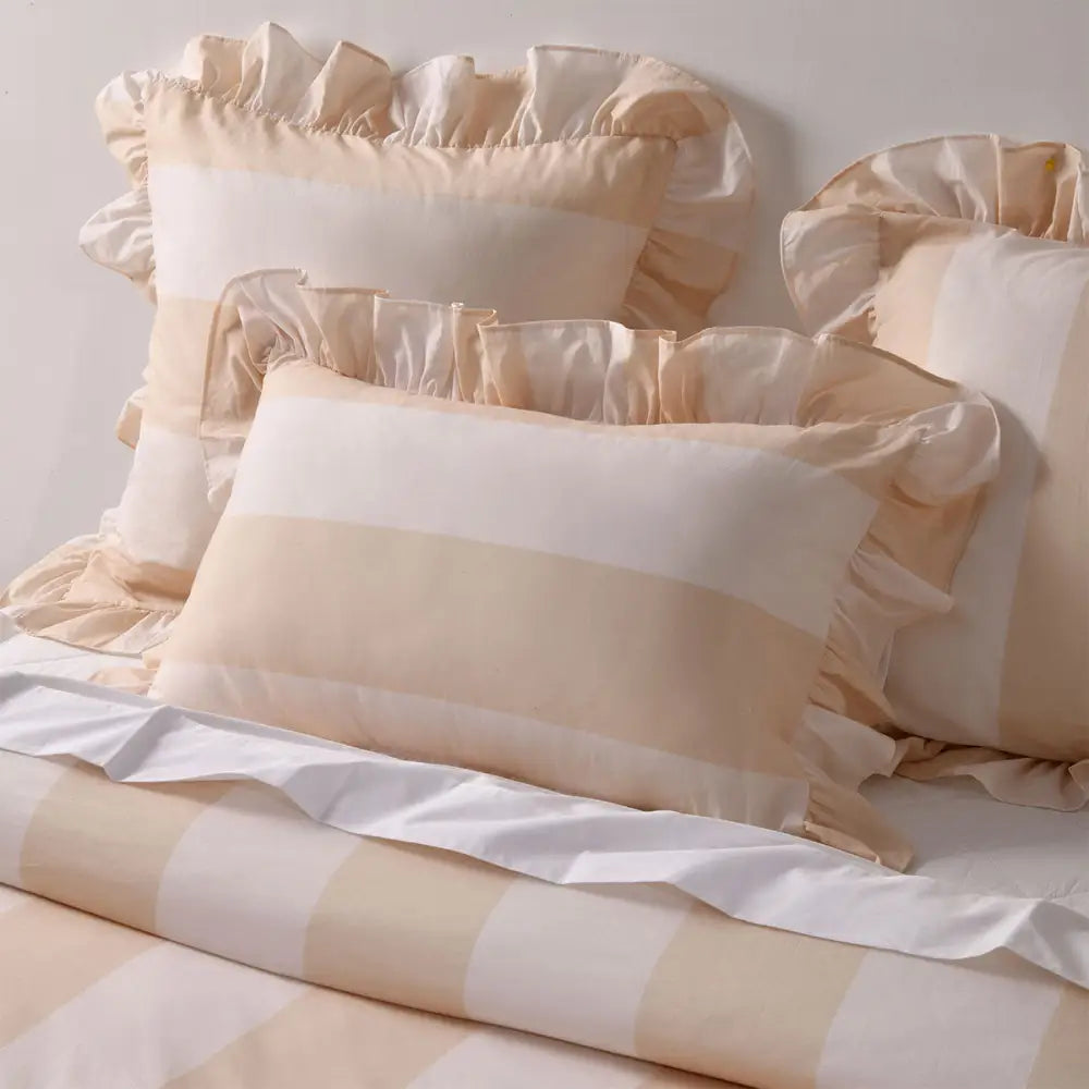 Vintage Design Homewares Candy Ruffle Natural Striped Washed Cotton Quilt Cover Setking