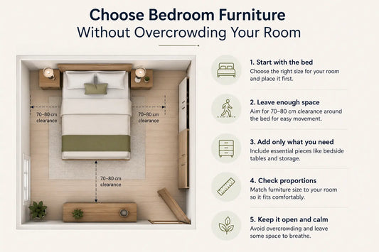 How to Choose Bedroom Furniture Without Overcrowding Your Room blog header image banner with bedroom layout