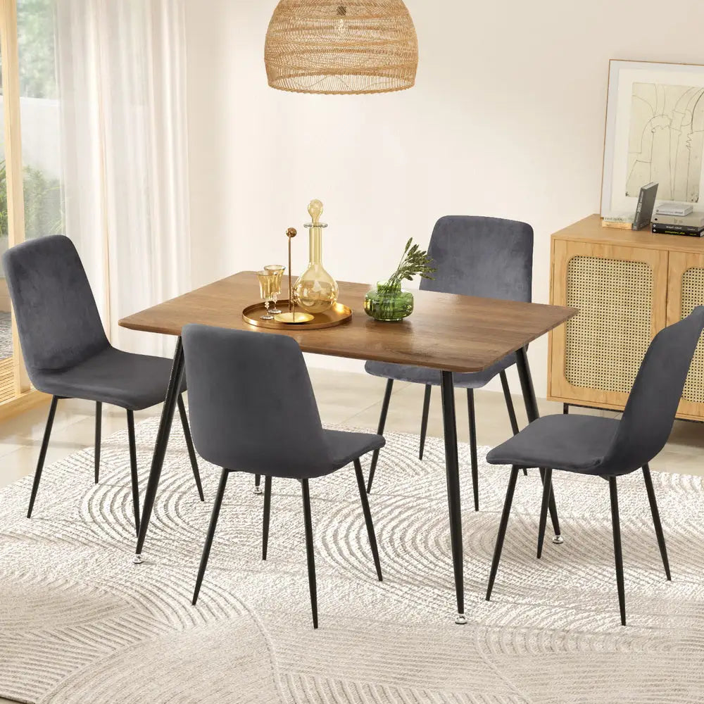 1 Dining Table and 4 Chairs Set Grey Velvet