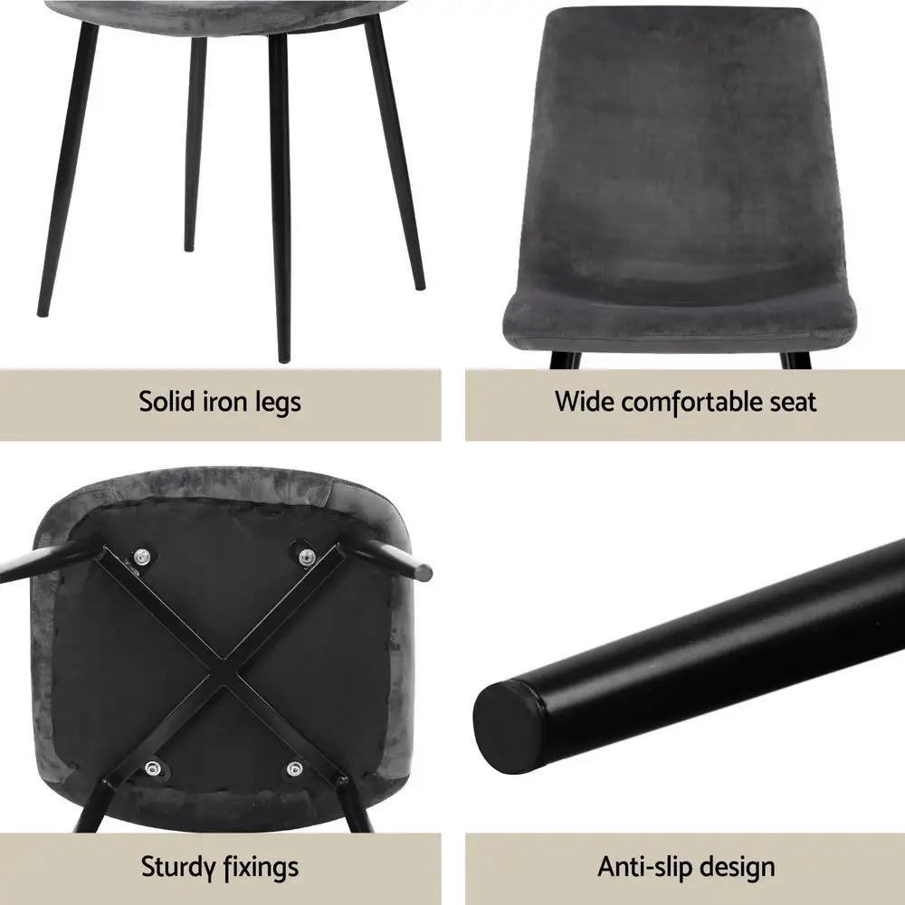 1 Dining Table and 4 Chairs Set Grey Velvet
