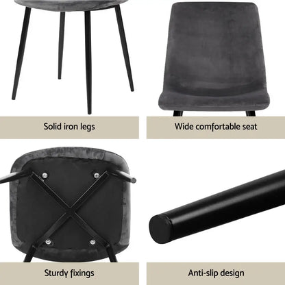 1 Dining Table and 4 Chairs Set Grey Velvet
