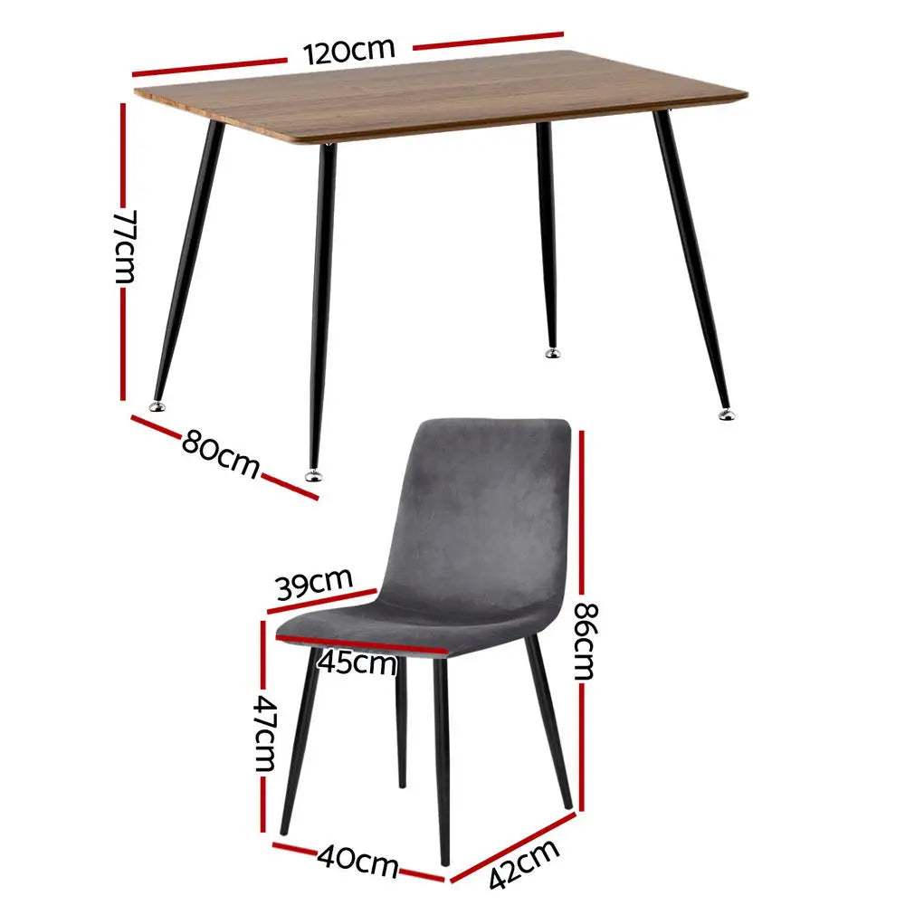 1 Dining Table and 4 Chairs Set Grey Velvet