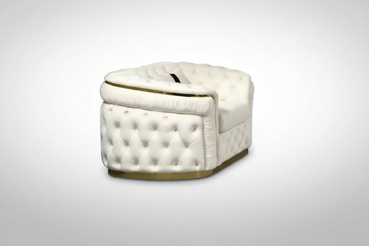 1 Seater Sofa Beige Velvet Fabric Solid Wood Construction Gold Stainless Steel Trim