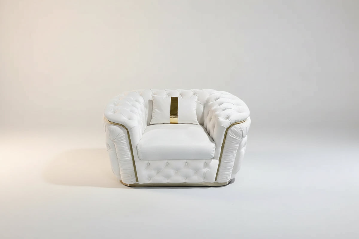 1 Seater Sofa Beige Velvet Fabric Solid Wood Construction Gold Stainless Steel Trim