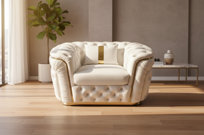 1 Seater Sofa Beige Velvet Fabric Solid Wood construction Gold Stainless Steel Trim