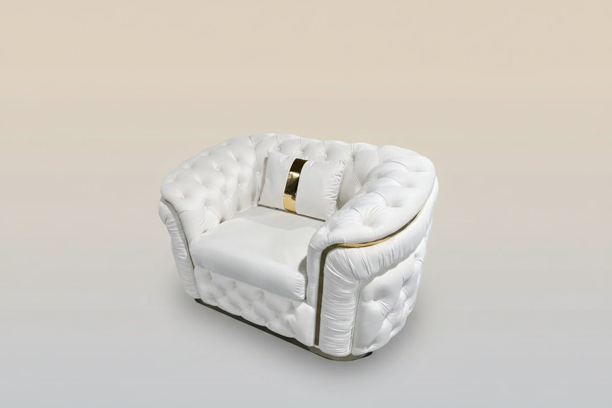 1 Seater Sofa Beige Velvet Fabric Solid Wood Construction Gold Stainless Steel Trim