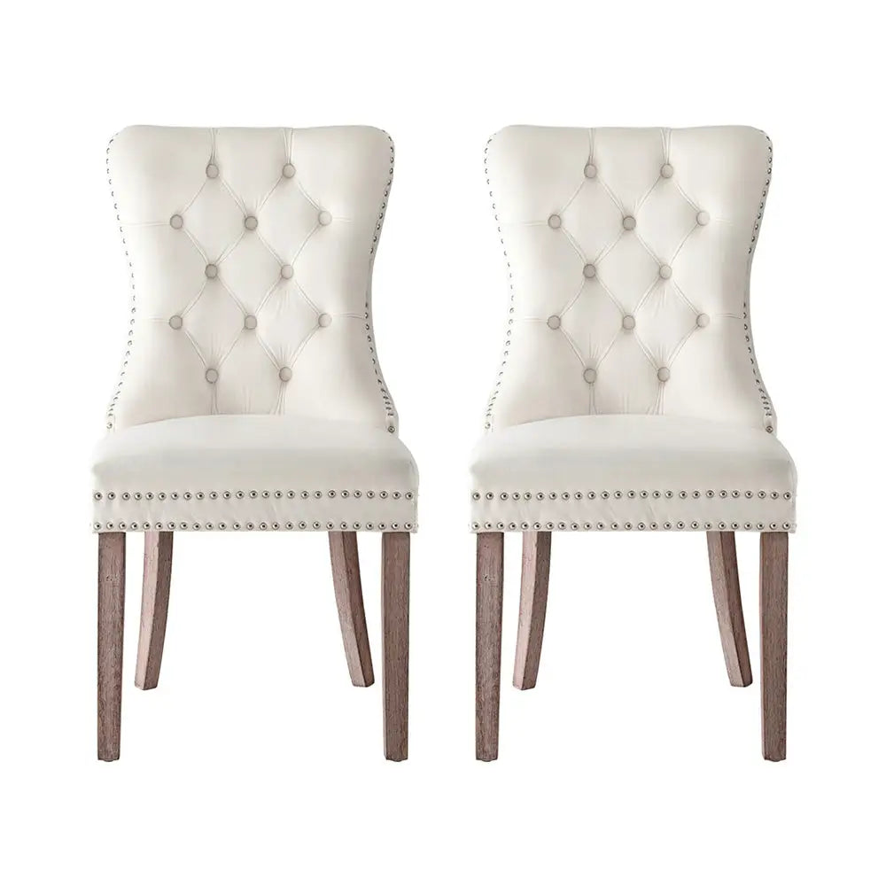 1 Set of 2 Dining Chairs Beige Velvet