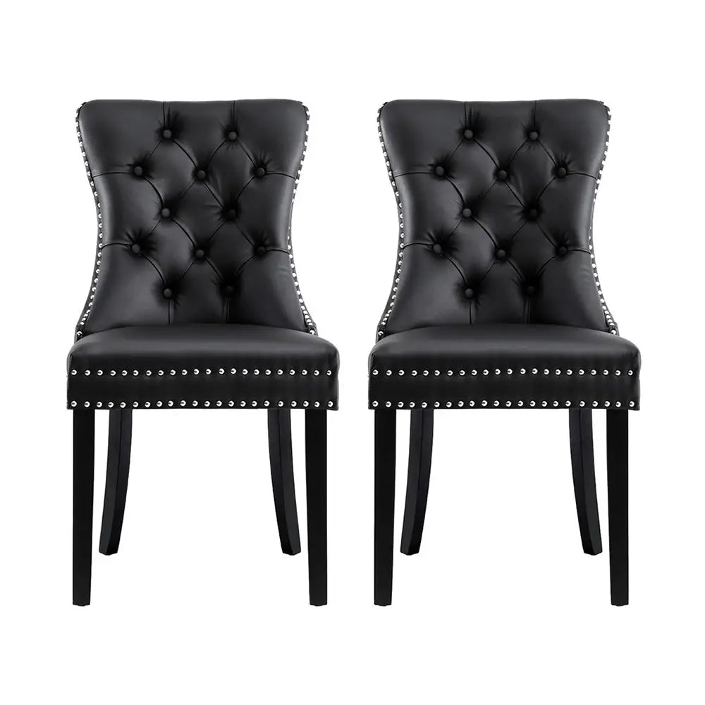 1 Set of 2 Dining Chairs Black Leather
