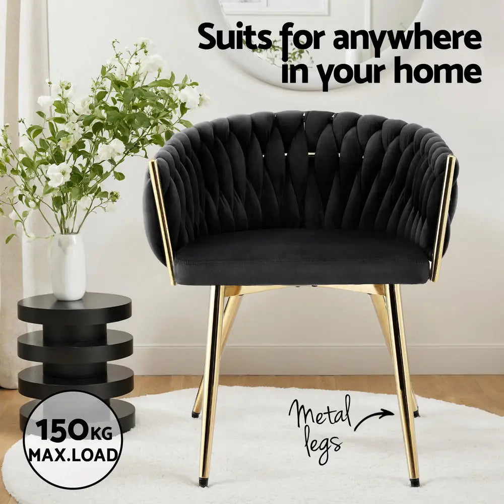1 Set of 2 Dining Chairs Velvet Armchair Black