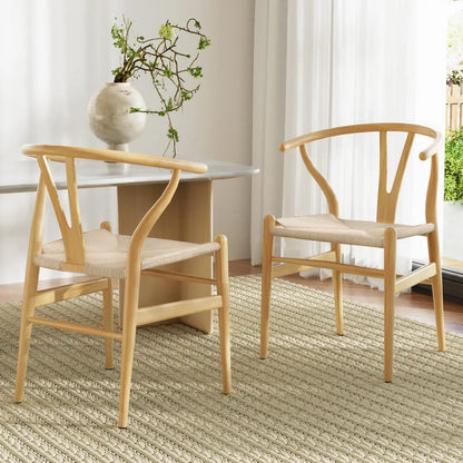 1 Set of 2 Dining Chairs Wooden Rattan Seat Wishbone Back