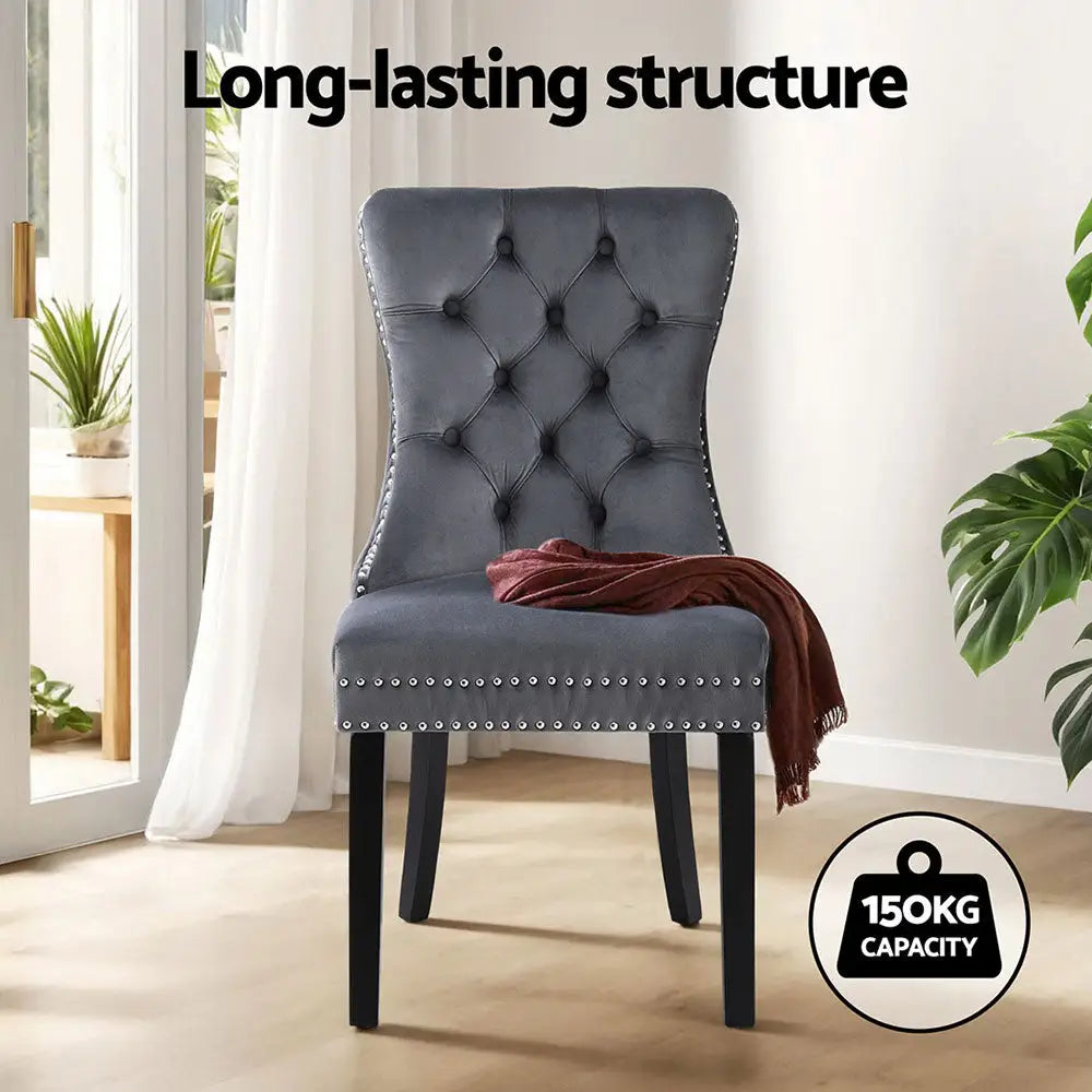 1 Set of 4 Dining Chairs Grey Velvet