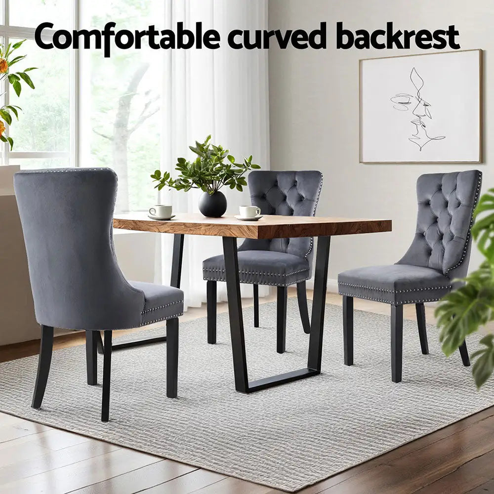 1 Set of 4 Dining Chairs Grey Velvet