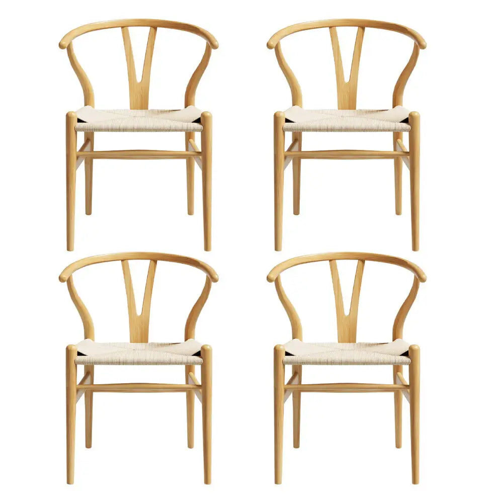 1 Set of 4 Dining Chairs Wooden Rattan Seat Wishbone Back