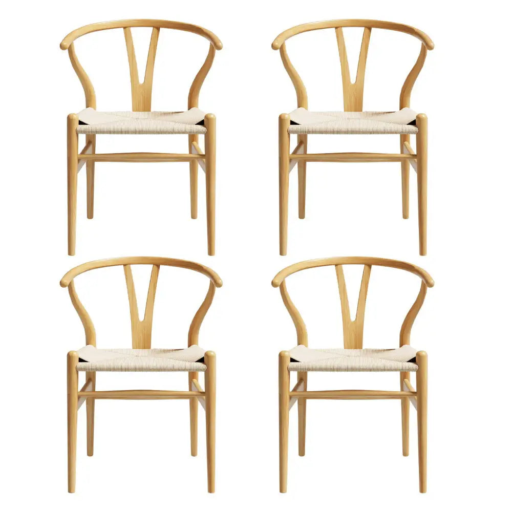 1 Set of 4 Dining Chairs Wooden Rattan Seat Wishbone Back