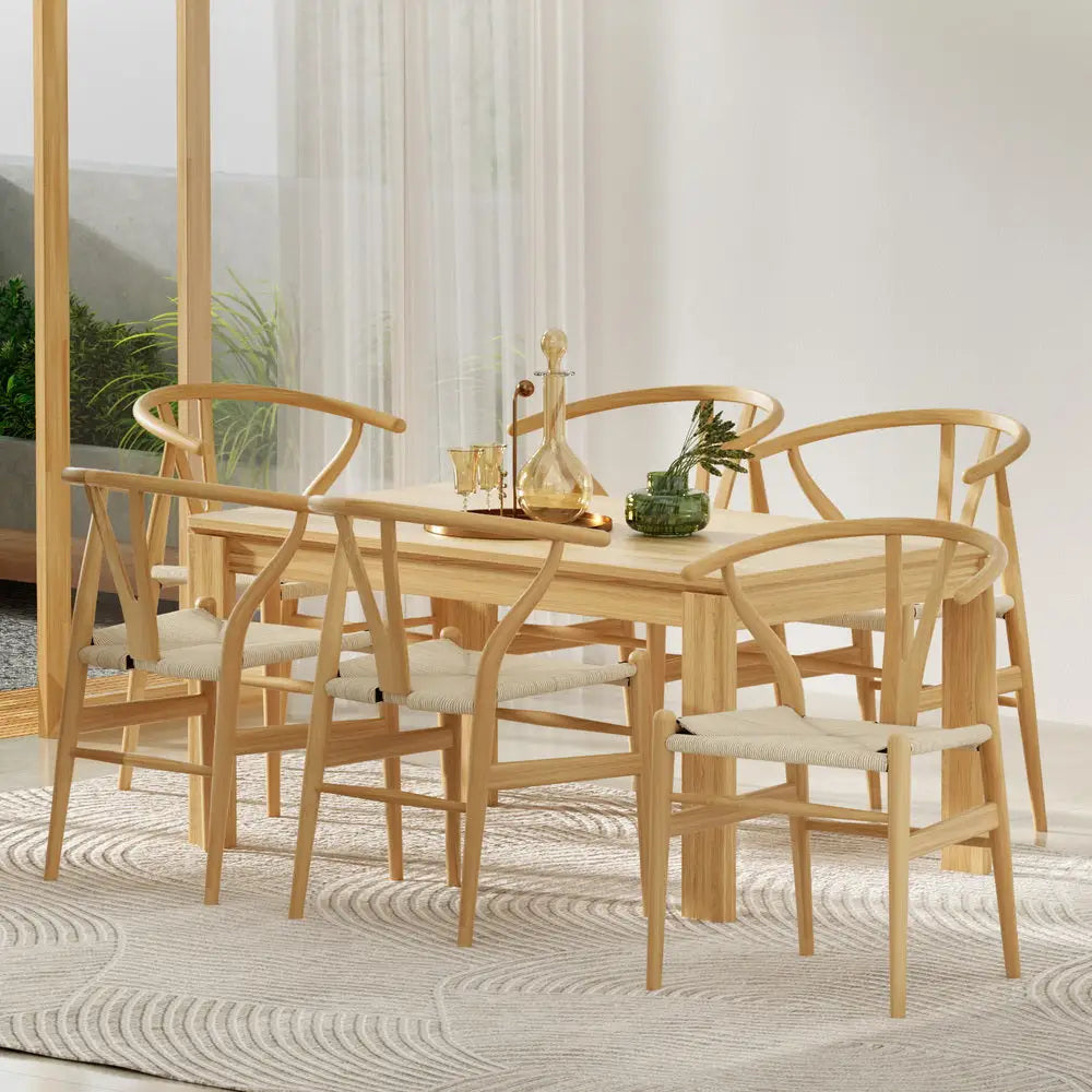 1 Set of 6 Dining Chairs Wooden Rattan Seat Wishbone Back