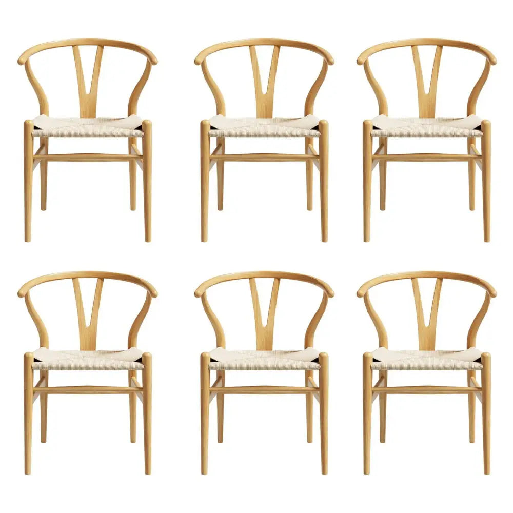 1 Set of 6 Dining Chairs Wooden Rattan Seat Wishbone Back