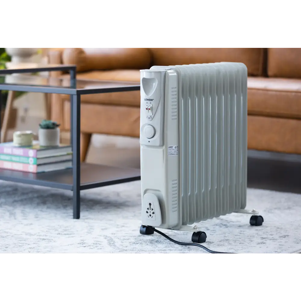 11-fin Oil Column Heater 2400w W/ 3 Heat Settings & Wheels | Sleek Off-white Oil-filled Radiator Heater