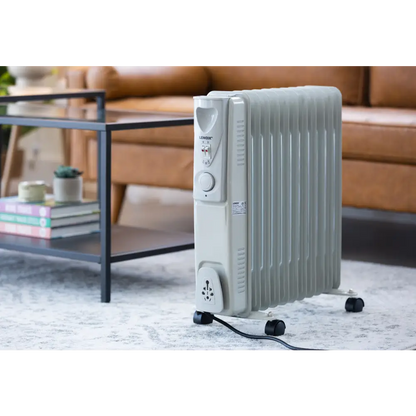 11-fin Oil Column Heater 2400w W/ 3 Heat Settings & Wheels | Sleek Off-white Oil-filled Radiator Heater
