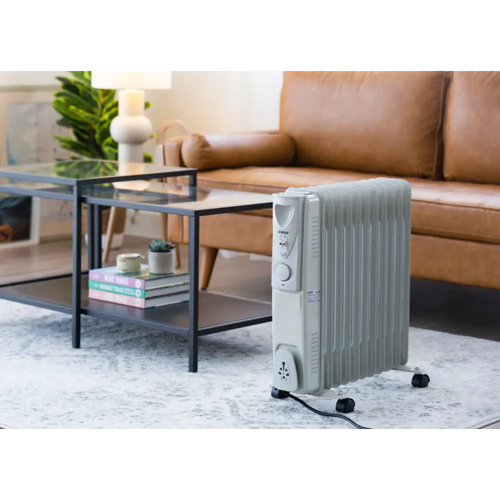 11-fin Oil Column Heater 2400w W/ 3 Heat Settings & Wheels | Sleek Off-white Oil-filled Radiator Heater
