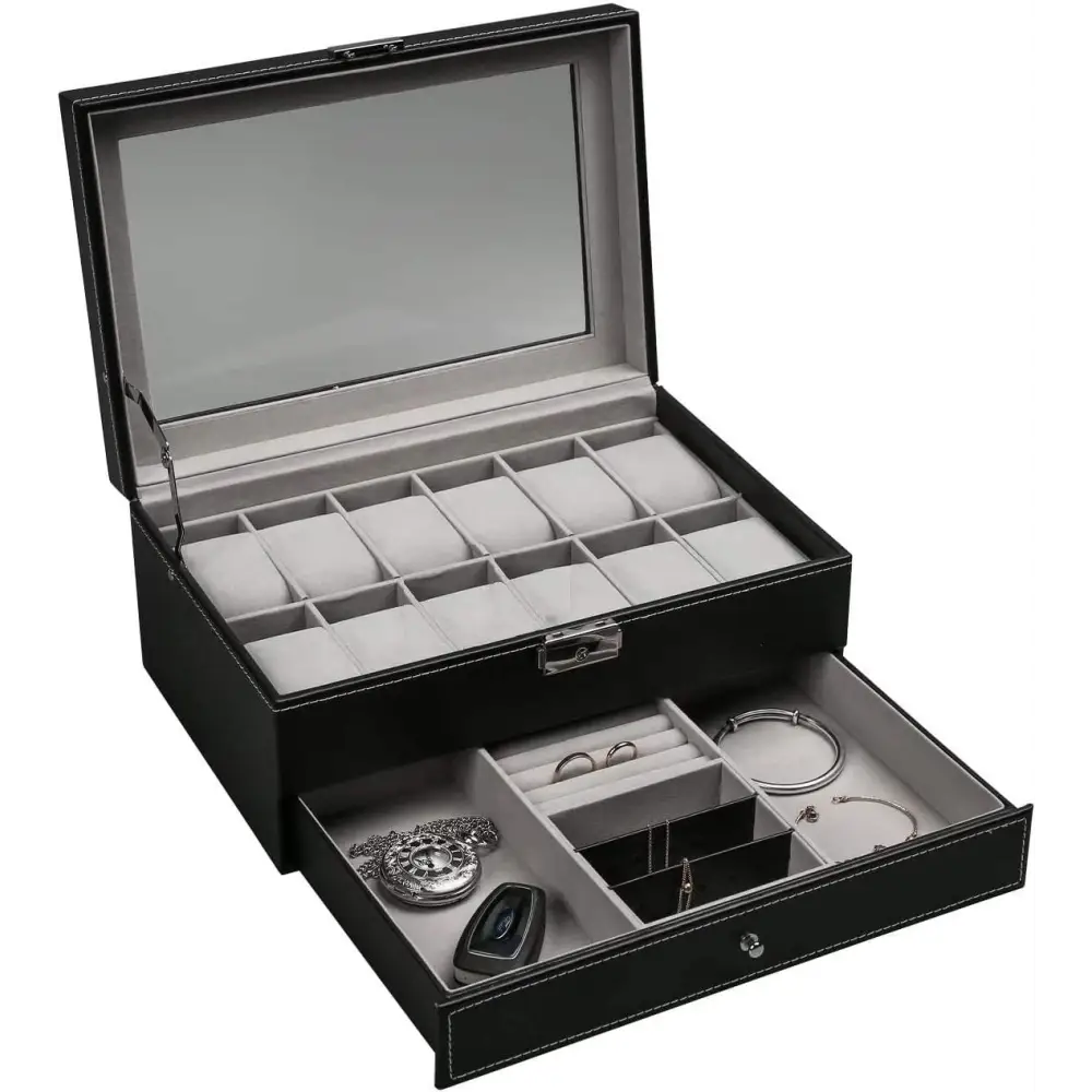 12 Slot Pu Leather Lockable Watch and Jewelry Storage Boxes (black) | Black Leather Jewelry Box Glass