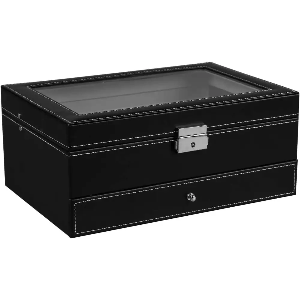 12 Slot Pu Leather Lockable Watch and Jewelry Storage Boxes (black) | Black Leather Watch Display Case