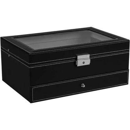 12 Slot Pu Leather Lockable Watch and Jewelry Storage Boxes (black) | Black Leather Watch Display Case