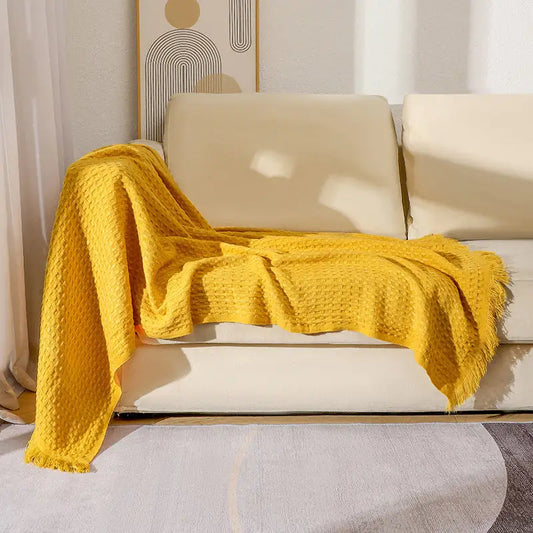 130*230cm Bright Yellow Nordic Solid Color Knitted Sofa Throw Blanket with Tassels - Waffle Weave Polyester Decorative
