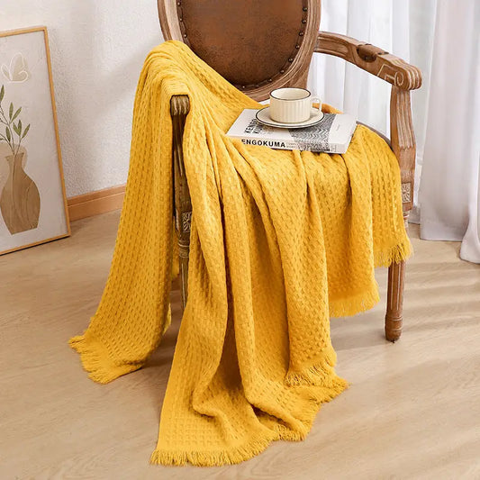 130*230cm Bright Yellow Nordic Solid Color Knitted Sofa Throw Blanket with Tassels - Waffle Weave Polyester Decorative