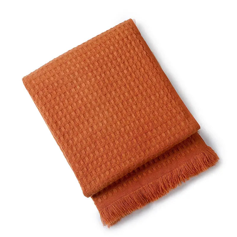 130*230cm Caramel Nordic Solid Color Knitted Sofa Throw Blanket with Tassels - Waffle Weave Polyester Decorative