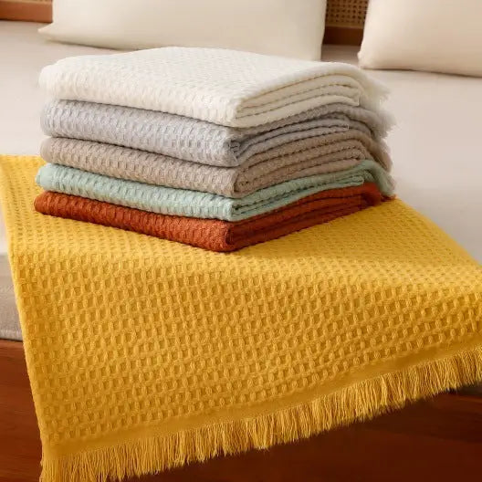 130*230cm Caramel Nordic Solid Color Knitted Sofa Throw Blanket with Tassels - Waffle Weave Polyester Decorative