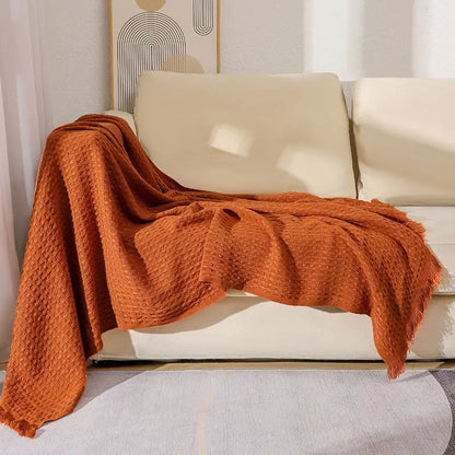 130*230cm Caramel Nordic Solid Color Knitted Sofa Throw Blanket with Tassels - Waffle Weave Polyester Decorative
