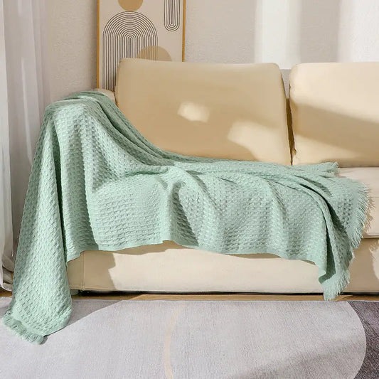 130*230cm Cyan Nordic Solid Color Knitted Sofa Throw Blanket with Tassels - Waffle Weave Polyester Decorative